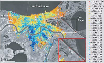 FIGURE 3.15 Map showing surface uplift rates (scale on right; units are millimeters per year) of New Orleans for 2002–2005, obtained from an InSAR analysis. Negative values for the uplift rates indicate subsidence. Most of New Orleans is subsiding relative to the global mean sea level, at an average rate of about 8 millimeters per year. Inset shows high subsidence rates between 2002 and 2005 on the MRGO levee, which later failed catastrophically during Hurricane Katrina. SOURCE: Dixon et al., 2006.