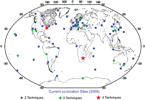 FIGURE 5.2 The current distribution of co-location sites. Only two sites currently have all four geodetic techniques contributing to the ITRF co-located. SOURCE: ITRF Product Center, http://itrf.ensg.ign.fr/.