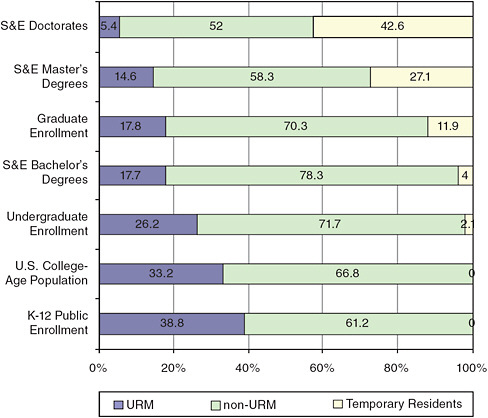 FIGURE 2-1 Enrollment and degrees, by educational level and race/ethnicity/citizenship, 2007.