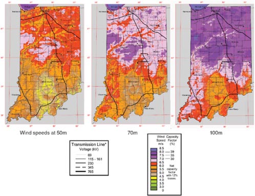 FIGURE 2-1 Comparison of the wind energy resource at 50 m, 70 m, and 100 m for the state of Indiana, United States. Source: DOE, 2008c.
