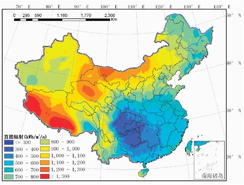 FIGURE 2-8 Annual mean distribution of direct radiation (unit: kWh/m2). Source: China Meteorological Administration.