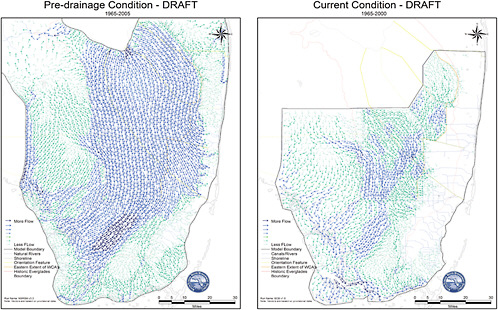 FIGURE 4-3 Simulated mean annual overland flow based on climate data for the period 1965-2000, comparing the system under pre-drainage conditions as modeled by the NSRSM v. 3.3 (left; Said and Brown, 2010) and the present managed system using the Glades-Lower East Coast Service Area (LECSA) model (right; Senarath et al., 2008, 2010; see also Lal et al., 2005; SFWMD, 2006b).The color of the arrows is scaled to reflect the magnitude of flow.