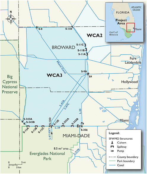 FIGURE 4-6 Water management structures in WCA-3. Gage locations also shown for data presented in Figure 4-7. © International Mapping Associates.