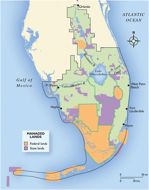 FIGURE 1-3 Land and waters managed by the state of Florida and the federal government as of December 2005 for conservation purposes within the South Florida ecosystem.