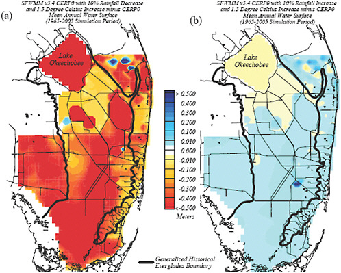 FIGURE 6-5 Simulation results using the South Florida Water Management Model showing average annual water surface elevation difference for the CERP project with modified rainfall and evapotranspiration: (a) –10 percent precipitation and +1.5°C and (b) +10 percent precipitation and +1.5°C, minus the CERP project base run (i.e., no change in precipitation and temperature).