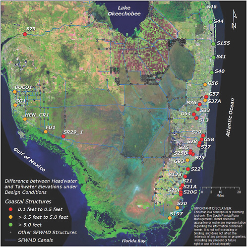 FIGURE 6-6 Vulnerability of coastal structures to potentially rising sea levels. High vulnerability structures are red, medium vulnerability are orange, and low vulnerability are green.