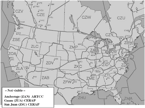 FIGURE 1-1 Boundaries of ARTCCs in the continental United States and parts of Canada. (CERAP = central radar approach.)