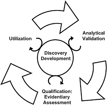 FIGURE S-1 The steps of the evaluation framework are interdependent. While a validated test is required before qualification and utilization can be completed, biomarker uses inform test development, and the evidence suggests possible biomarker uses. In addition, the circle in the center signifies ongoing processes that should continually inform each step in the biomarker evaluation process.