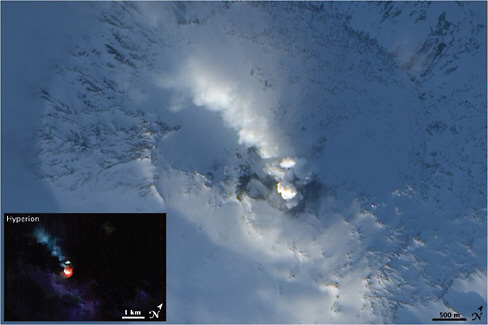 FIGURE 3 Images of volcanic Mt. Erebus, autonomously collected by EO1. NASA image created by Jesse Allen, using EO-1 ALI data provided courtesy of the NASA EO1 Team.