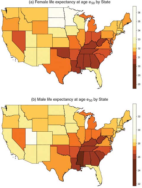 FIGURE 9-4 Geographic variation in life expectancy at age 50 in the contiguous United States, 2000.