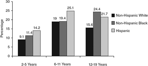 FIGURE 4-1 Obesity (gender- and age-specific BMI ≥ 95th percentile) prevalence by age and race/ethnicity, National Health and Nutrition Examination Survey 2007-2008. Obesity rates are higher for non-Hispanic black and Hispanic children than for non-Hispanic white children at different ages.