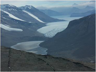  Perennially ice-covered Lake Bonney at the foot of the Taylor Glacier. Lakes like Bonney are a major component of the McMurdo Dry Valley landscape. The McMurdo Dry Valleys are poised at the melting point during the summer months, making them highly sensitive to climate change. SOURCE: John Priscu.