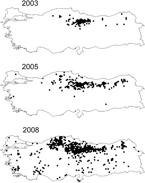FIGURE A1-8 Spatial distribution of reported cases of Crimean-Congo hemorrhagic fever in Turkey, 2003-2008 (Estrada-Peña et al., 2010).