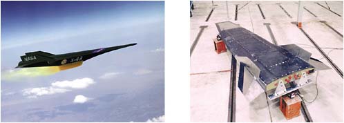FIGURE 3.8 (Left) Artist’s rendering of the X-43 hypersonic flight demonstrator and (right) image of an actual vehicle during assembly. SOURCE: Images downloaded from the NASA Image Exchange Server, http://nix.nasa.gov/.