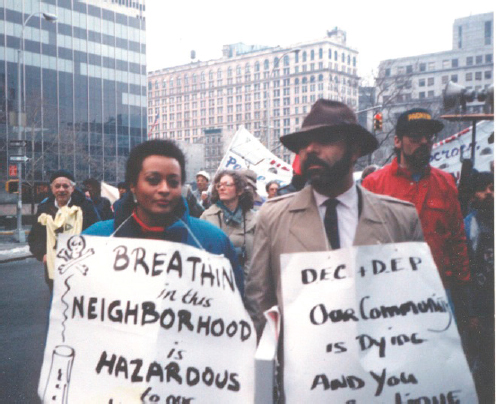 Two of WE ACT’s supporters rallying in 1988 to protest the North River Sewage Treatment Plant.