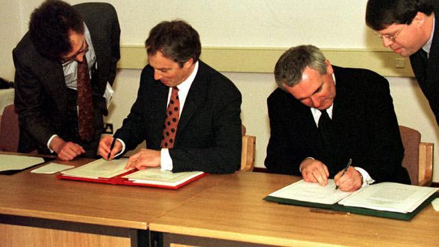 British Prime Minister
Tony Blair and Irish
Taoiseach Bertie Ahern
sign the Good Friday
Agreement on April 10,
1998.