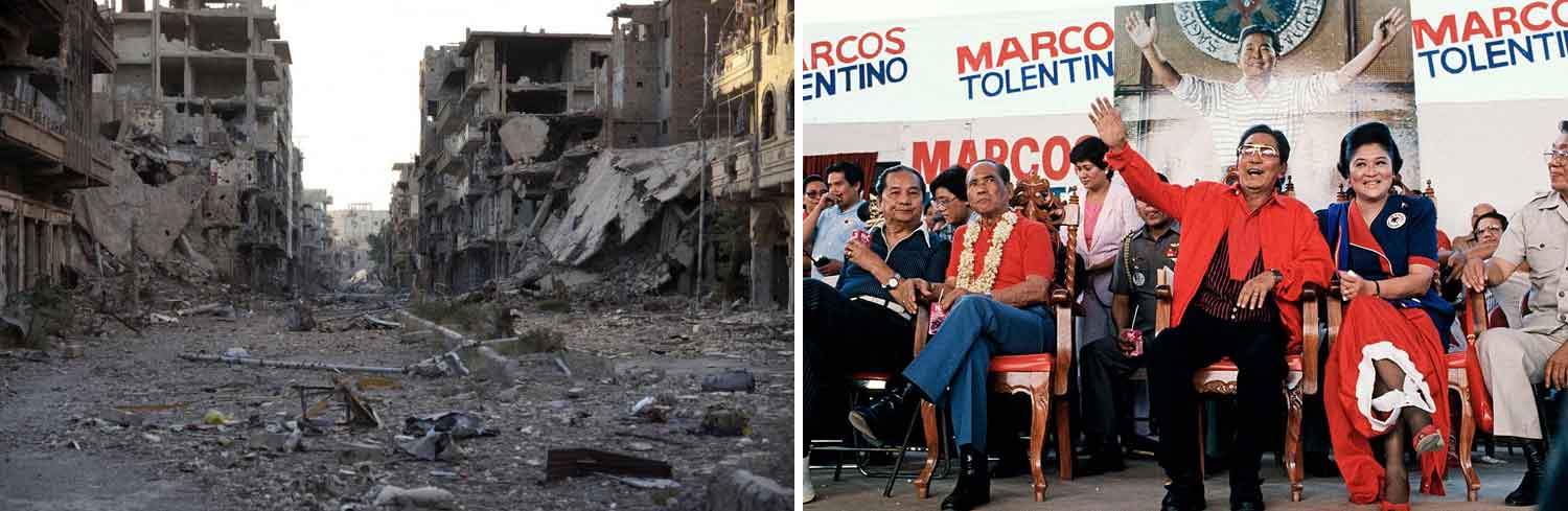 Photos of destruction in Syria (left) and Ferdinand Marcos (right)