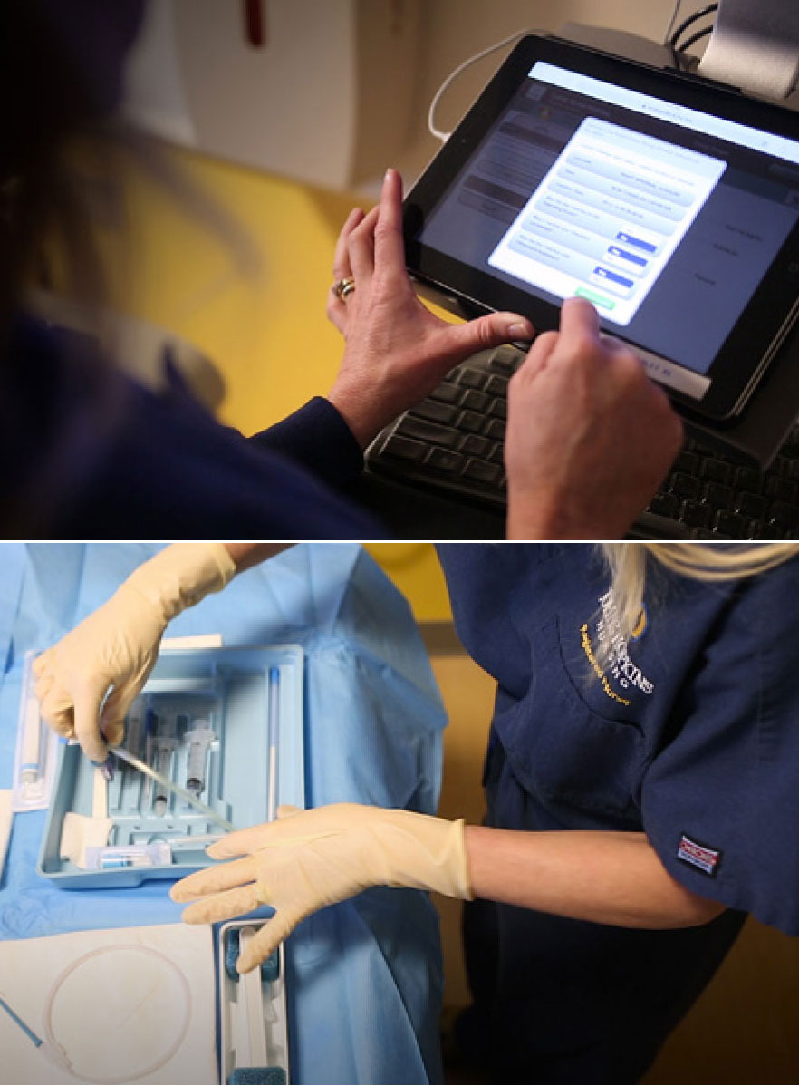Checklist pilot program in the Johns Hopkins Hospital surgical ICU; a nurse unpacks a central
venous catheter kit.