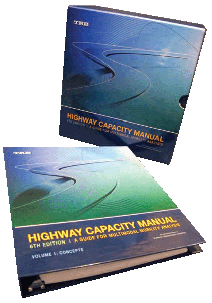 The Highway Capacity
Manual, 6th Edition,
consists of a boxed set
of three printed volumes
in looseleaf binders, plus
a fourth volume online.
To order, contact the
TRB Bookstore, http://
www.trb.org/Finance/
Bookstore.aspx, or go
to https://www.mytrb.
org/Store/Product.
aspx?ID=8313.