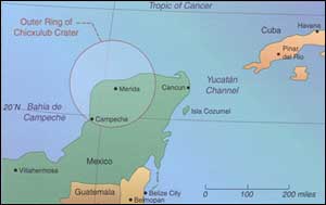 Formed by the impact of an asteroid or a small comet that smashed into Earth about 65 million years ago, the Chicxulub Crater in Mexico's Yucatán Peninsula may measure nearly 200 miles across.  An impact of this magnitude would have created huge ocean waves and a global dust cloud that blocked sunlight for years.