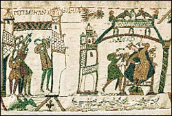 Another example of the seeming association of the appearance of comets and the fate of kings, a detail of the Bayeux tapestry displays a comet--now known to be Halley's --which in A.D. 1066 was thought to foretell the death of England's King Harold at the Battle of Hastings.