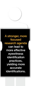 A stronger, more focused research agenda can lead to more effective eyewitness identification practices, yielding more accurate identifications.